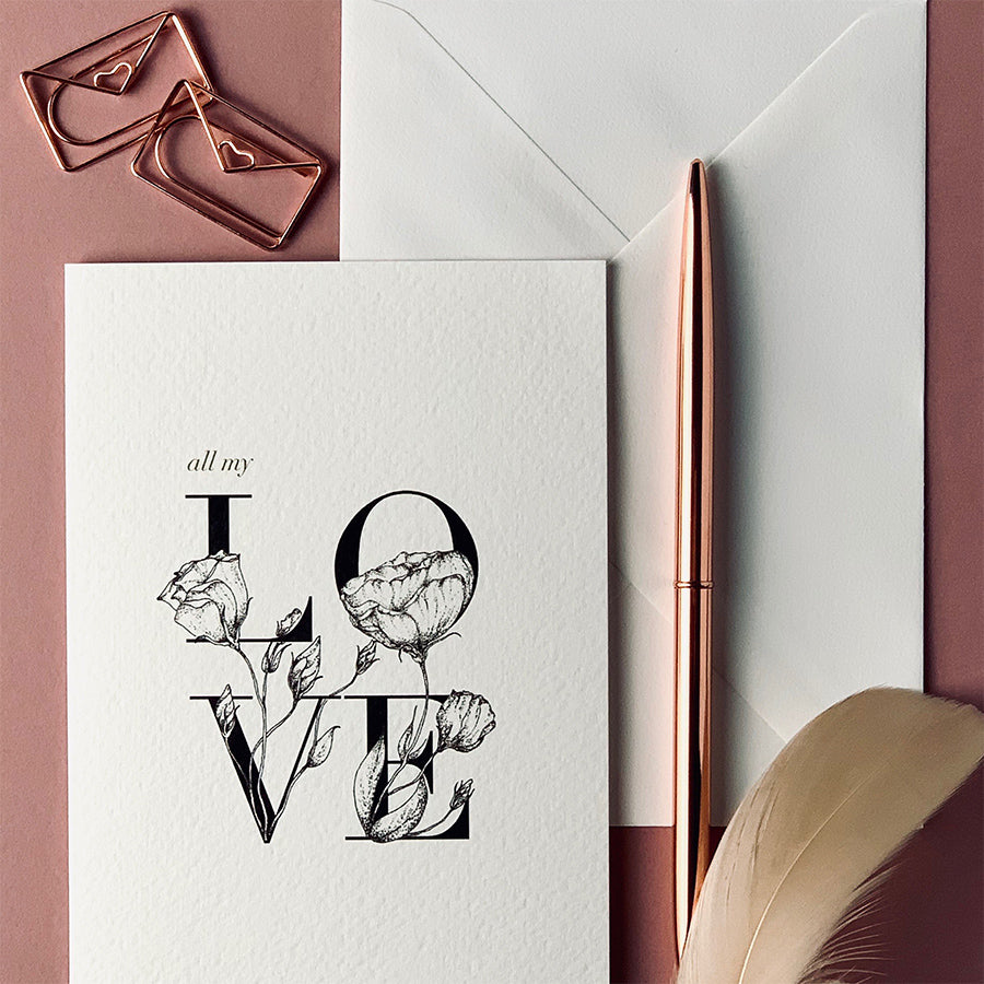 Beautifully illustrated 'LOVE' greeting card with delicate hand drawn floral elements. All My Love Greeting Card – an elegant greeting card.