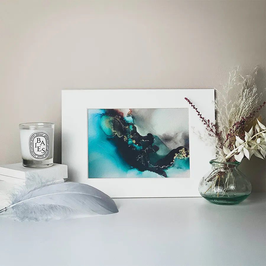 Luxury alcohol ink A6 print taken from our original painting featuring a delicate blue & black design. Blue & Black Alcohol Ink A6 Mounted Art Print - a contemporary gift.