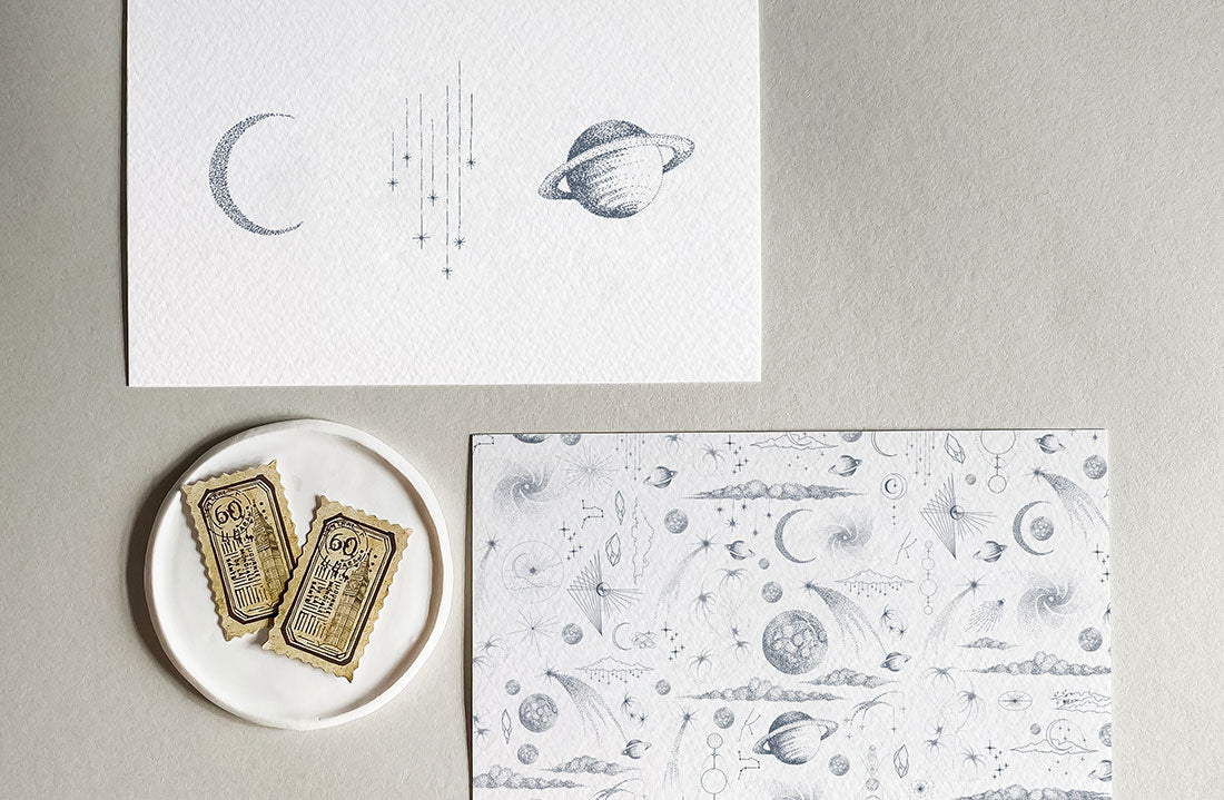 Luxury space stationery, hand illustrated - notebook, postcards, gIft wrap and wax seals. The Stargazer Collection Stationery Set - a premium themed gift.