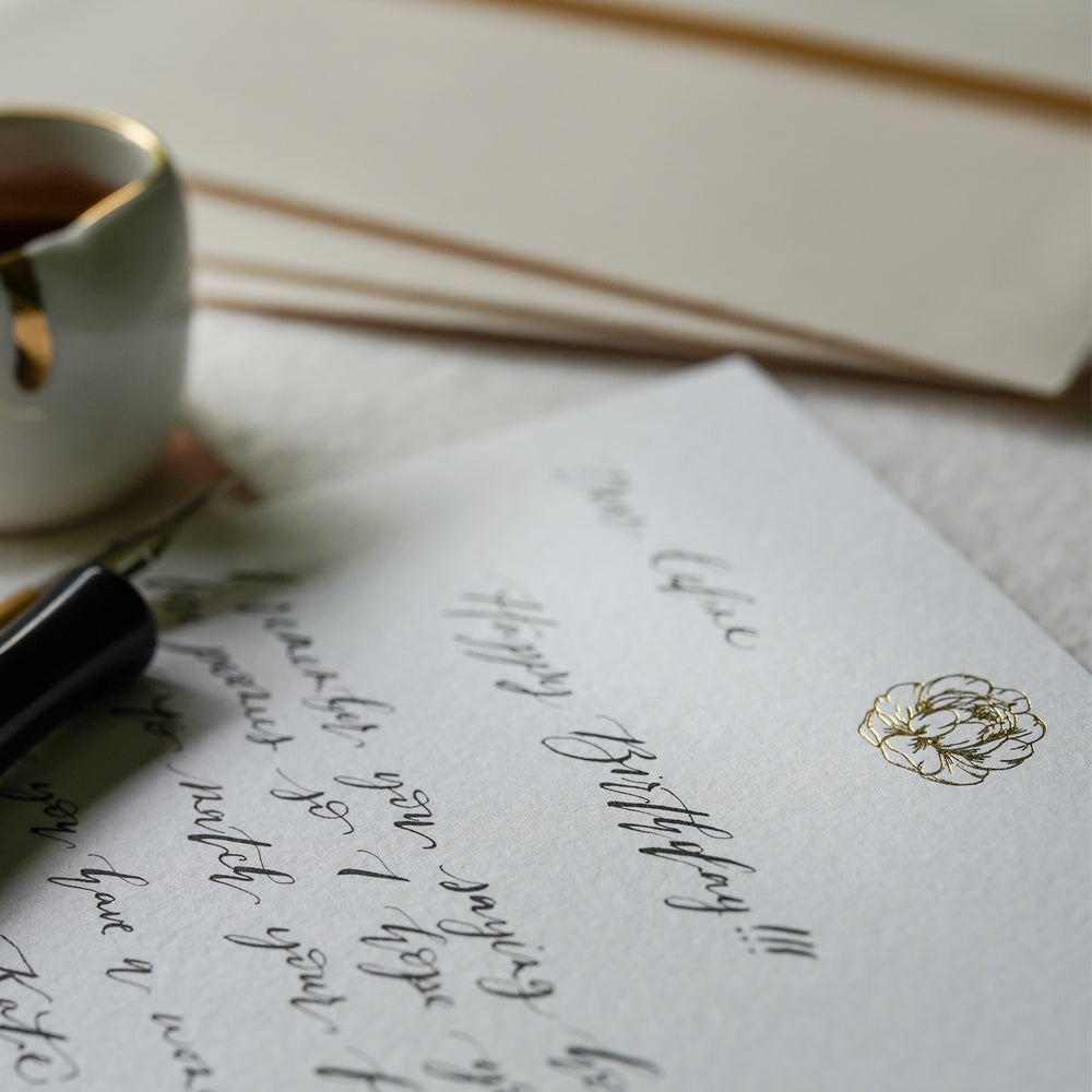 
                      
                        Enjoy taking some quality time to write with our gold foiled peony notecards, hand pressed in our Cambridge studio &amp; designed to turn every writing moment into a truly enjoyable experience.
                      
                    