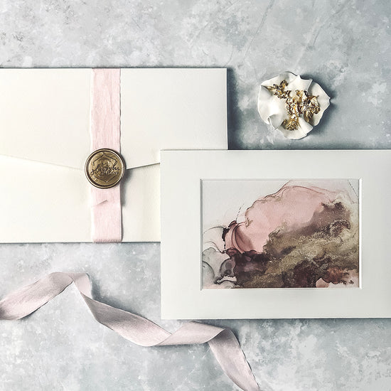 Load image into Gallery viewer, Graceful alcohol ink A6 print taken from our original painting featuring a delicate pink &amp;amp; gold design. Pink &amp;amp; Gold Alcohol Ink A6 Mounted Art Print - a beautiful gift.
