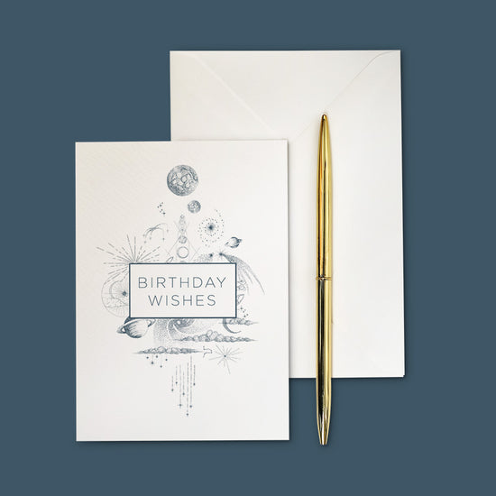 Birthday stargazer greeting card. Hand illustrated – Birthday Wishes Stargazer Greeting Card, a beautiful celestial card design.
