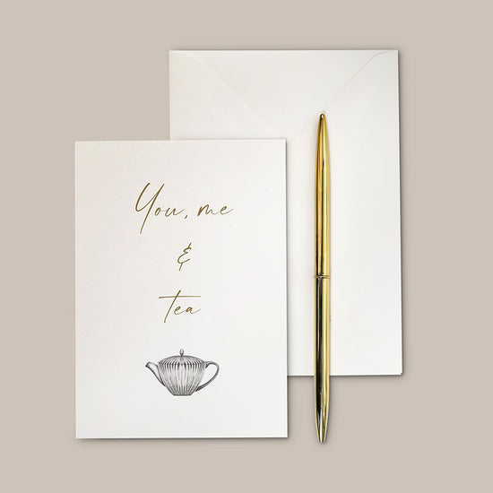 Load image into Gallery viewer, This A6 you, me &amp;amp; tea greeting card has been designed from original illustrations from the Afternoon Tea theme and printed in the UK.

