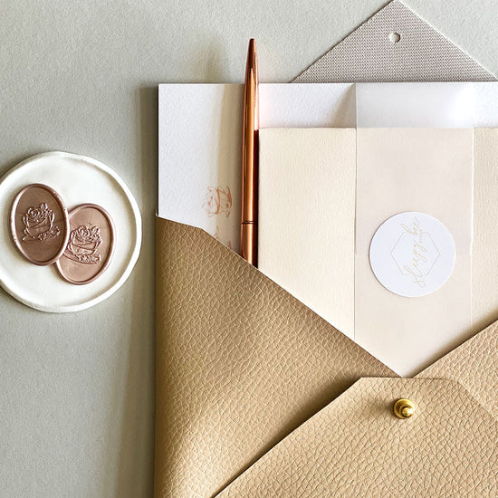 Afternoon tea writing set, handmade blush faux-leather envelope pouch and hand illustrated writing paper. The Afternoon Tea Collection Writing Set.