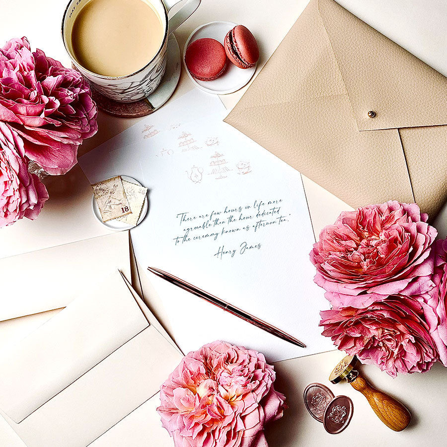 
                      
                        Afternoon tea writing set, handmade blush faux-leather envelope pouch and hand illustrated writing paper. The Afternoon Tea Collection Writing Set.
                      
                    