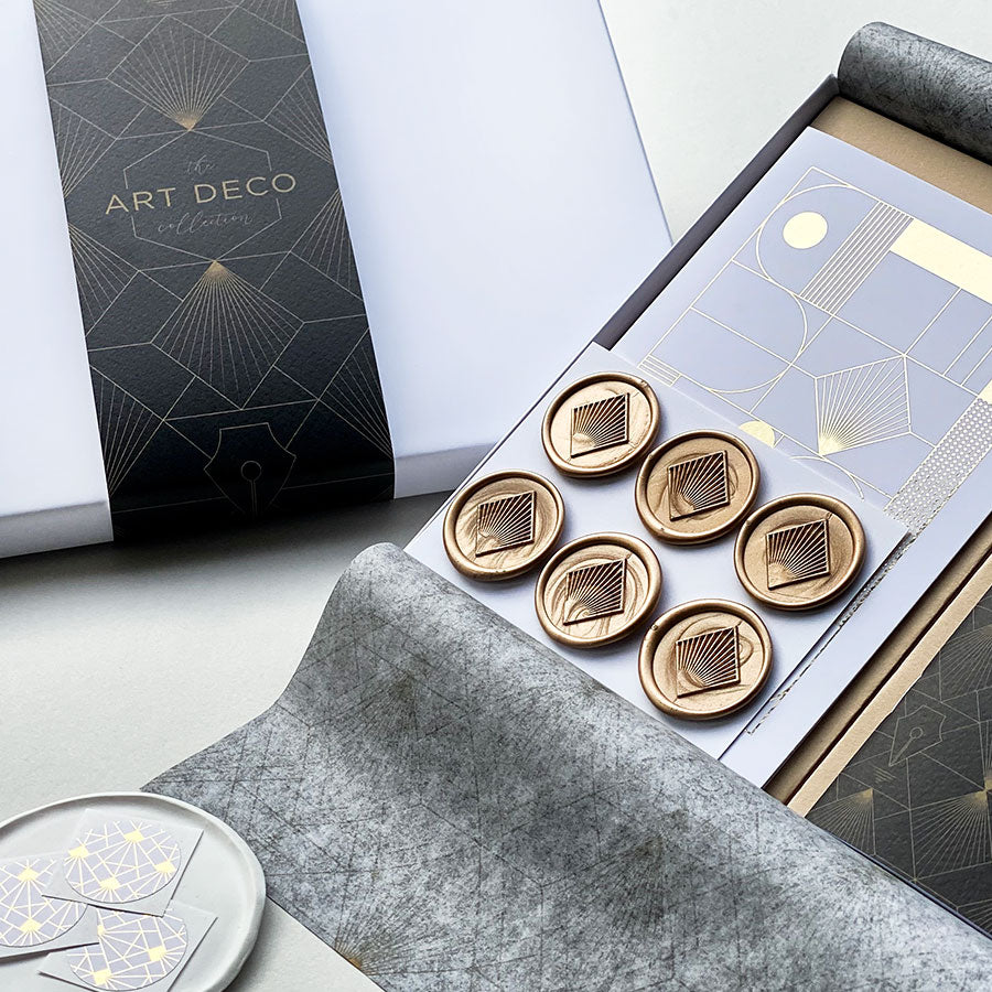 Art Deco gift box, hand-illustrated - greeting cards, tissue paper, stickers & wax seals. Art Deco Luxury Stationery Gift Box.