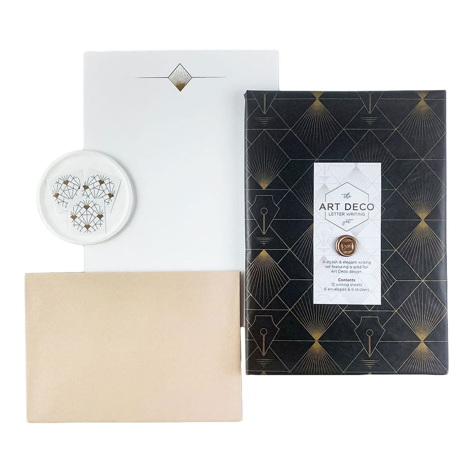 A luxury Art Deco themed hand illustrated letter writing set presented in our bespoke tissue paper & finished with a mini wax seal.
