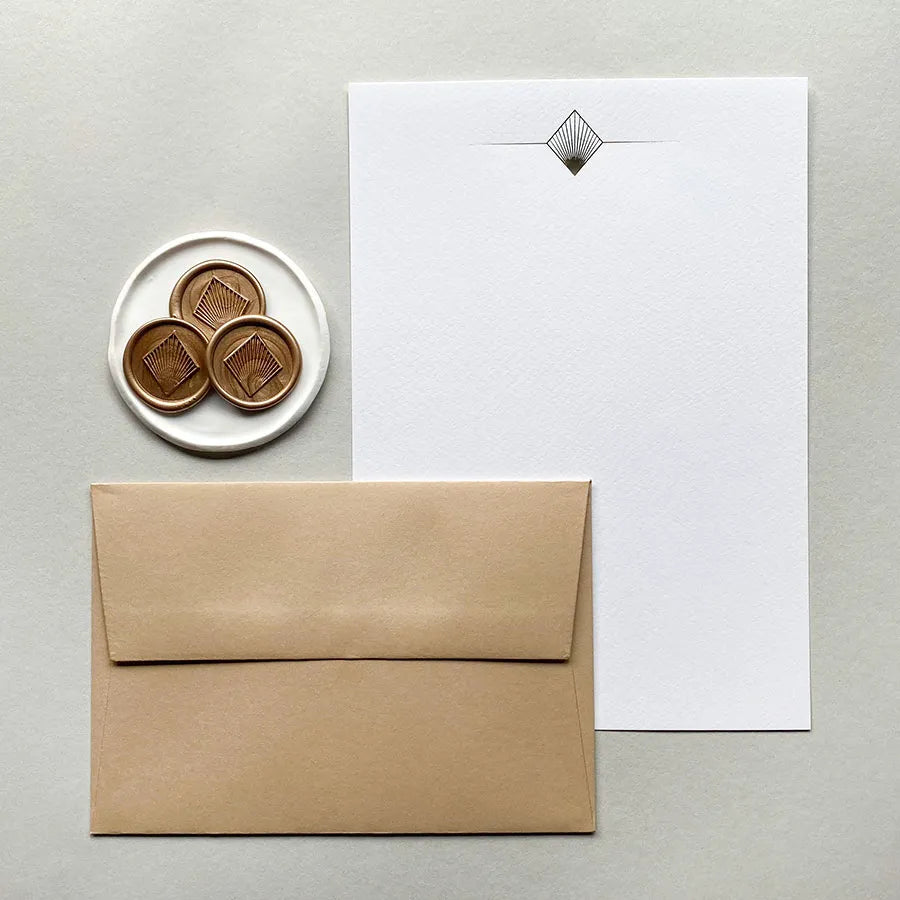 Load image into Gallery viewer, An elegant Art Deco writing set, presented in a handmade faux-leather envelope pouch.
