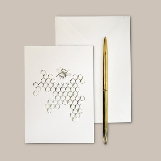Gold bee greeting card with honeycomb, hand illustrated – A6 Gold Foiled Darwin Bee & Honeycomb Greeting Card