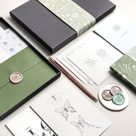 Load image into Gallery viewer, Luxury botanical stationery, hand illustrated - notebook, postcards, gift wrap and wax seals. The Botanical Collection Stationery Set - a premium themed gift.
