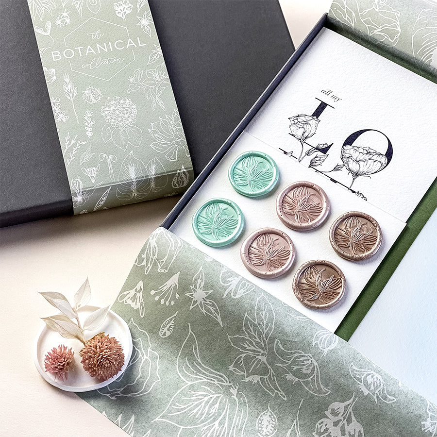 Load image into Gallery viewer, Luxury botanical stationery, hand illustrated - notebook, postcards, gift wrap and wax seals. The Botanical Collection Stationery Set - a premium themed gift.
