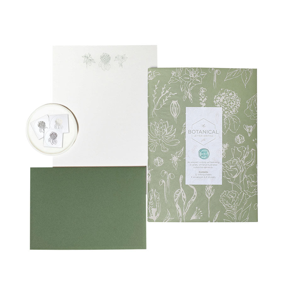Load image into Gallery viewer, A luxury plant themed hand illustrated letter writing set presented in our bespoke tissue paper &amp;amp; finished with a mini wax seal.
