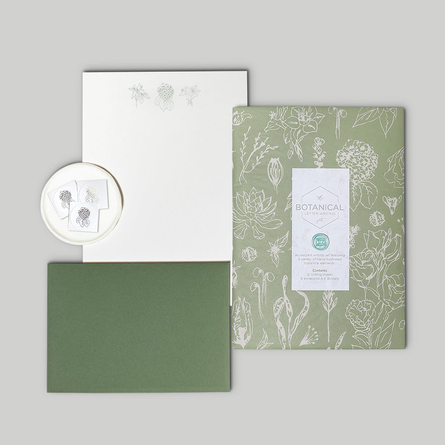 Load image into Gallery viewer, A luxury plant themed hand illustrated letter writing set presented in our bespoke tissue paper &amp;amp; finished with a mini wax seal.
