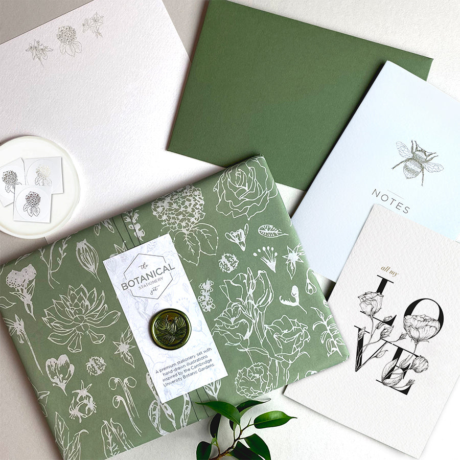 Beautiful tissue stationery set, handmade botanical inspired elements – The Tissue Wrapped Botanical Stationery Set – a premium themed gift.