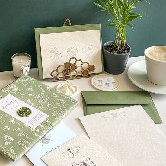 Load image into Gallery viewer, Beautiful tissue stationery set, handmade botanical inspired elements – The Tissue Wrapped Botanical Stationery Set – a premium themed gift.
