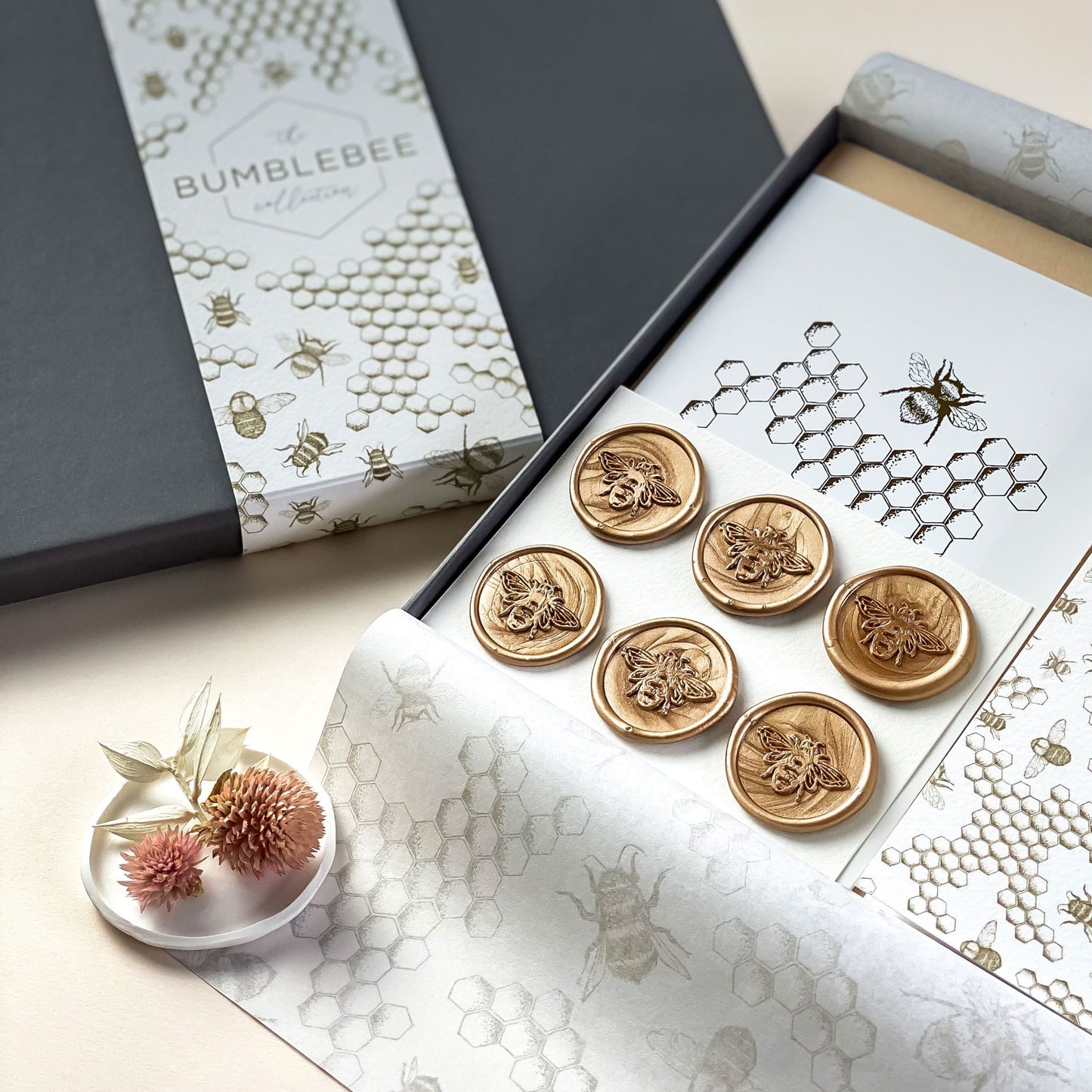 Luxury bumblebee stationery set, hand illustrated - greeting cards, tissue paper, stickers & wax seals. A premium themed gift box collection.