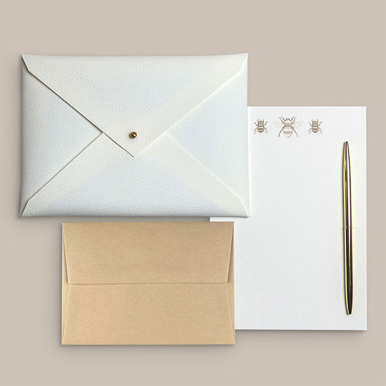 Bumblebee illustrated writing set, handmade white faux-leather envelope pouch, writing paper and envelopes – a premium themed gift.