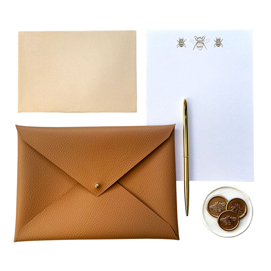 Bumblebee illustrated writing set, handmade white faux-leather envelope pouch, writing paper and envelopes – a premium themed gift.