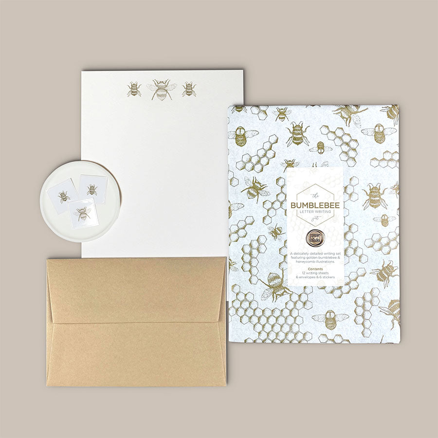 Load image into Gallery viewer, A luxury bumblebee themed hand illustrated letter writing set presented in our bespoke tissue paper &amp;amp; finished with a mini wax seal.
