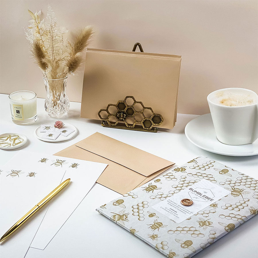 Load image into Gallery viewer, A luxury bumblebee themed hand illustrated letter writing set presented in our bespoke tissue paper &amp;amp; finished with a mini wax seal.
