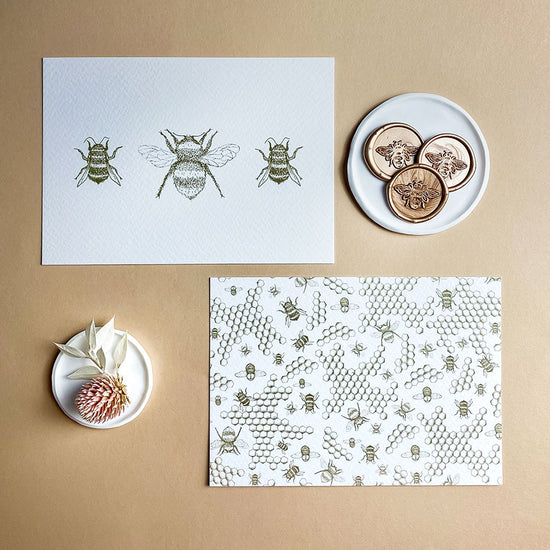 Premium bumblebee stationery set, wrapped in illustrated tissue paper and finished with a handmade wax seal – a luxury themed gift.