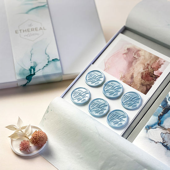Load image into Gallery viewer, Abstract ink stationery set, hand illustrated - greeting cards, tissue paper, stickers &amp;amp; wax seals. Ethereal Stationery Gift Box Collection.
