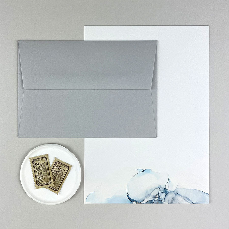 Luxury alcohol ink design writing set, handmade white faux-leather envelope pouch, writing paper and envelopes. The Ethereal Collection Writing Set - a premium themed gift.