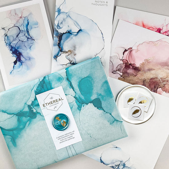 Luxury tissue stationery set, alcohol ink design elements – Tissue Wrapped Ethereal Stationery Set – a premium themed gift.