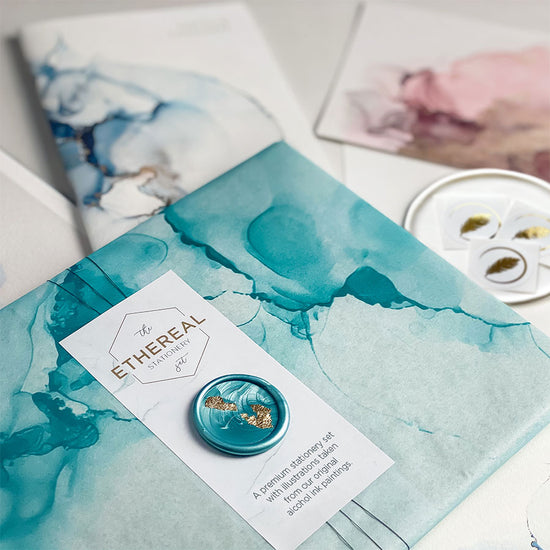 Load image into Gallery viewer, Luxury tissue stationery set, alcohol ink design elements – Tissue Wrapped Ethereal Stationery Set – a premium themed gift.
