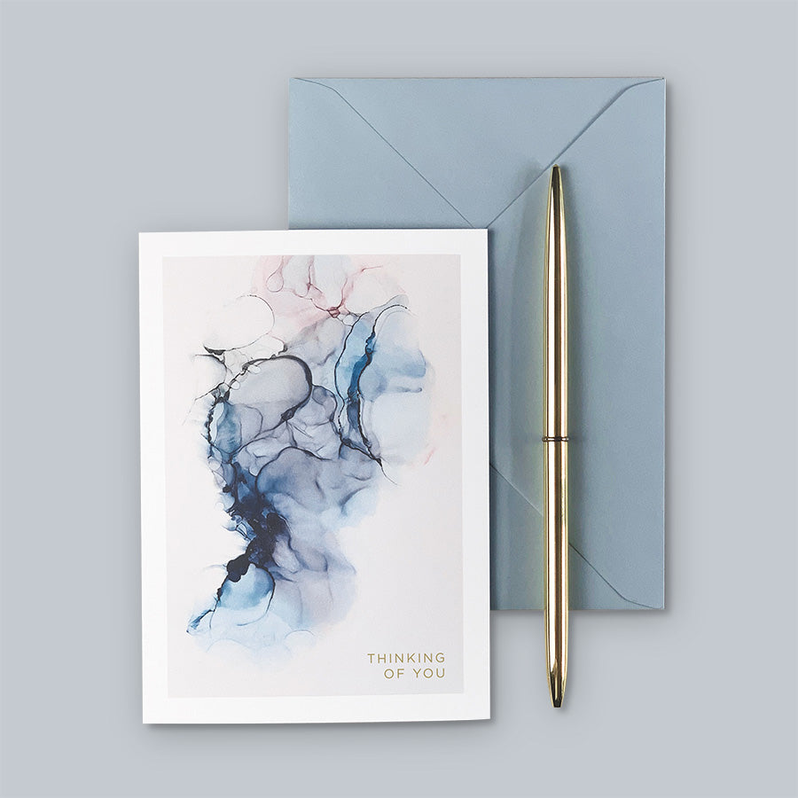 Load image into Gallery viewer, A beautiful abstract A6 greeting card featuring the design of one of our original alcohol ink prints from &amp;#39;The Ethereal Collection&amp;#39; in shades of blue &amp;amp; purple.
