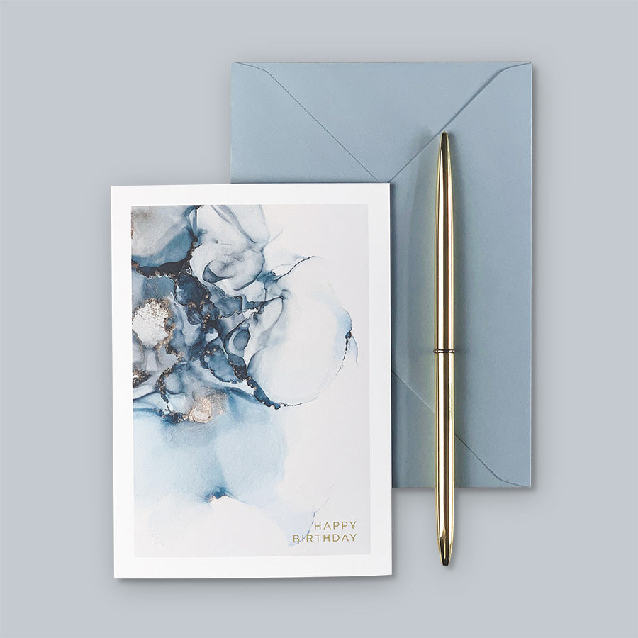 Load image into Gallery viewer, A premium abstract A6 greeting card featuring the design of one of our original alcohol ink prints from &amp;#39;The Ethereal Collection&amp;#39; in shades of blue &amp;amp; gold.
