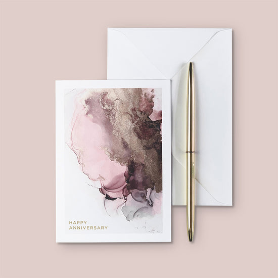 An elegant abstract A6 greeting card featuring the design of one of our original alcohol ink prints from 'The Ethereal Collection' in shades of pink & gold.