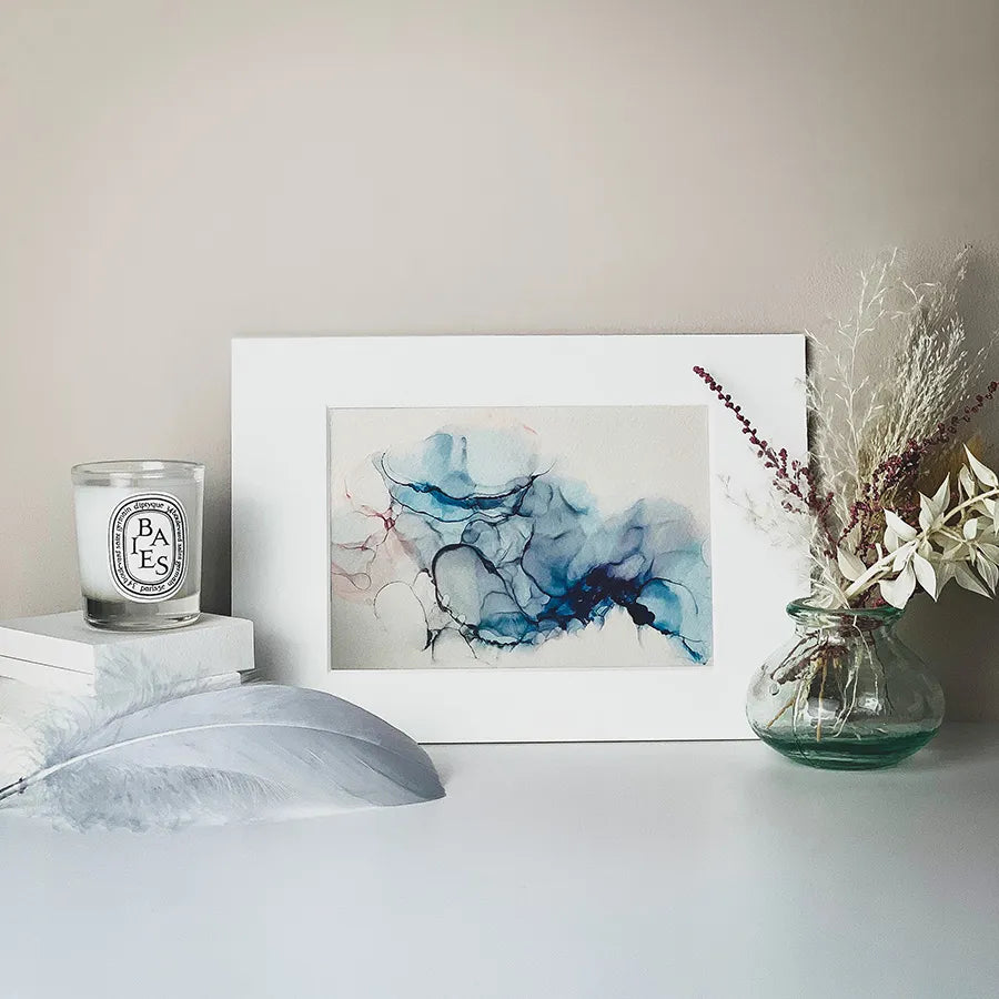 Load image into Gallery viewer, Beautiful alcohol ink A6 print taken from our original painting featuring a delicate blue &amp;amp; purple design. Blue &amp;amp; Purple Alcohol Ink A6 Mounted Art Print.
