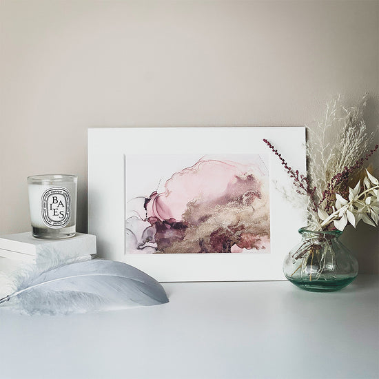 Load image into Gallery viewer, Graceful alcohol ink A6 print taken from our original painting featuring a delicate pink &amp;amp; gold design. Pink &amp;amp; Gold Alcohol Ink A6 Mounted Art Print - a beautiful gift.
