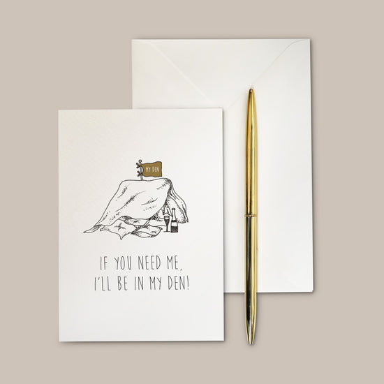 Unique nostalgic greeting card with hand drawn illustration of an adult den. I'll Be In My Den Greeting Card – a humorous cheeky card.