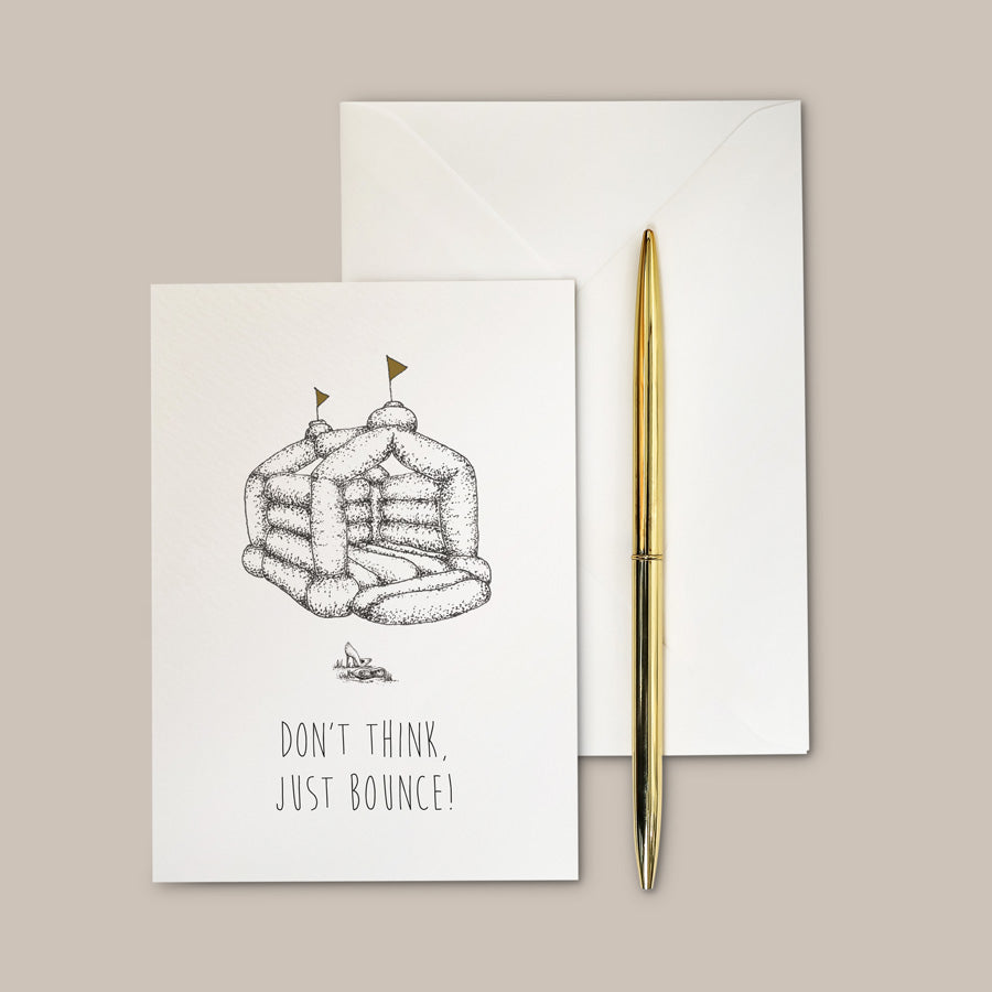 Nostalgic bouncy castle greeting card with hand drawn illustrations. Don't Think Just Bounce Greeting Card – a humorous cheeky card.