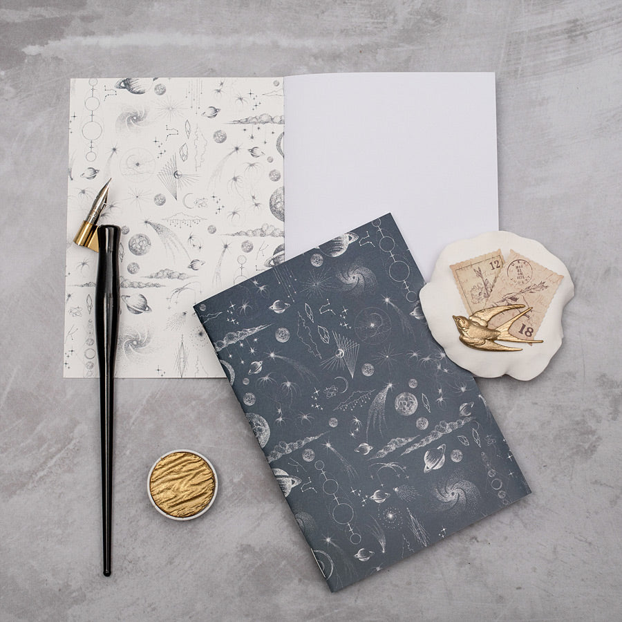 Luxury galaxy A6 notebook with planets and stars, handmade, bespoke tissue paper, Stargazer A6 Notebook - a unique themed gift.