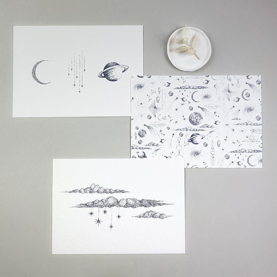 Luxury space stationery, hand illustrated - notebook, postcards, gIft wrap and wax seals. The Stargazer Collection Stationery Set - a premium themed gift.