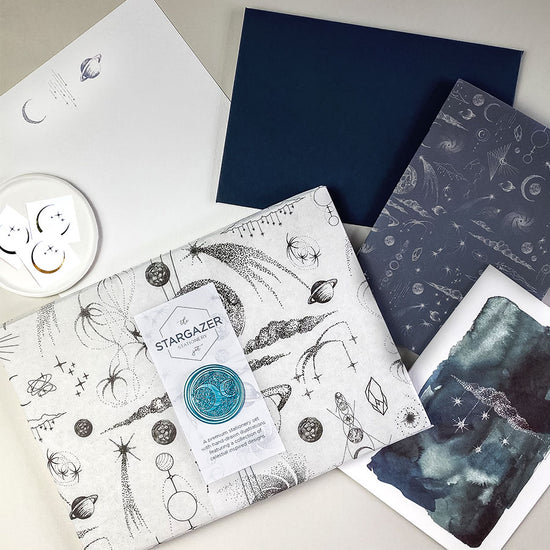 Beautiful tissue galaxy set, handmade space inspired elements – Tissue Wrapped Stargazer Stationery Set – a premium themed gift.