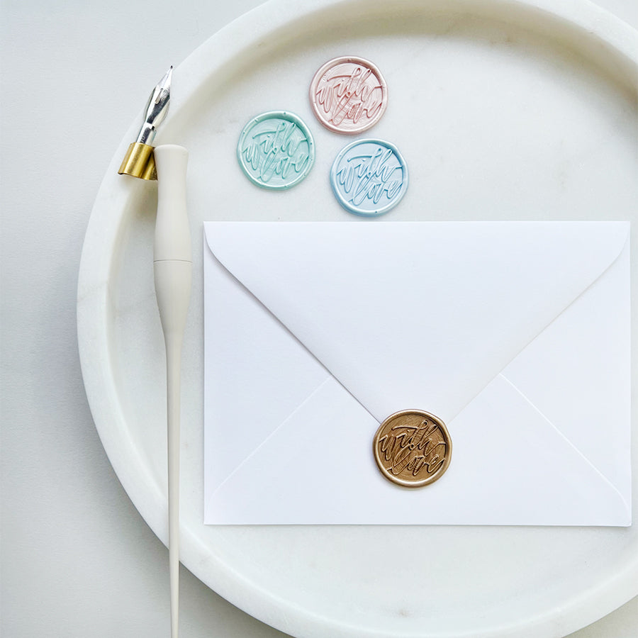 Load image into Gallery viewer, Love text wax seals, handmade, With Love Peel &amp;amp; Stick Wax Seal (Pack of 5) - a premium product and accessory for a stationery lover.
