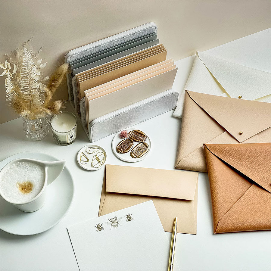 Bumblebee illustrated writing set, handmade white faux-leather envelope pouch, writing paper and envelopes – a premium themed gift.