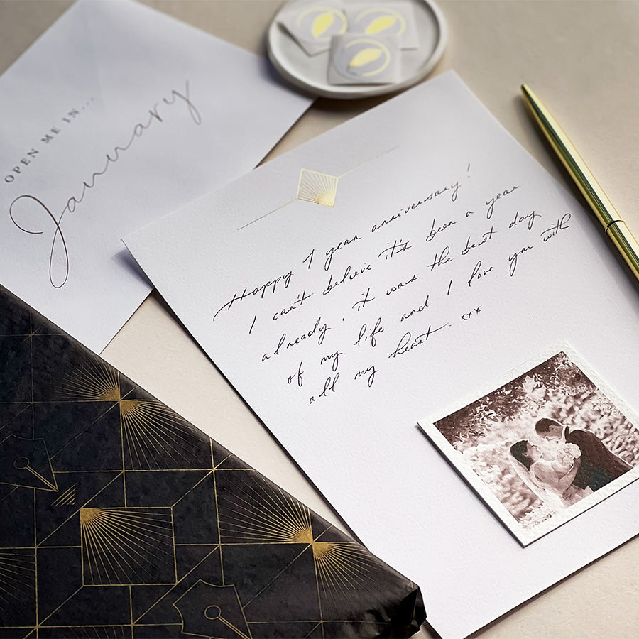 
                      
                        Year of letters box, a unique keepsake gift with luxury writing paper, envelopes, & gold foil stickers for you to write 12 letters.
                      
                    