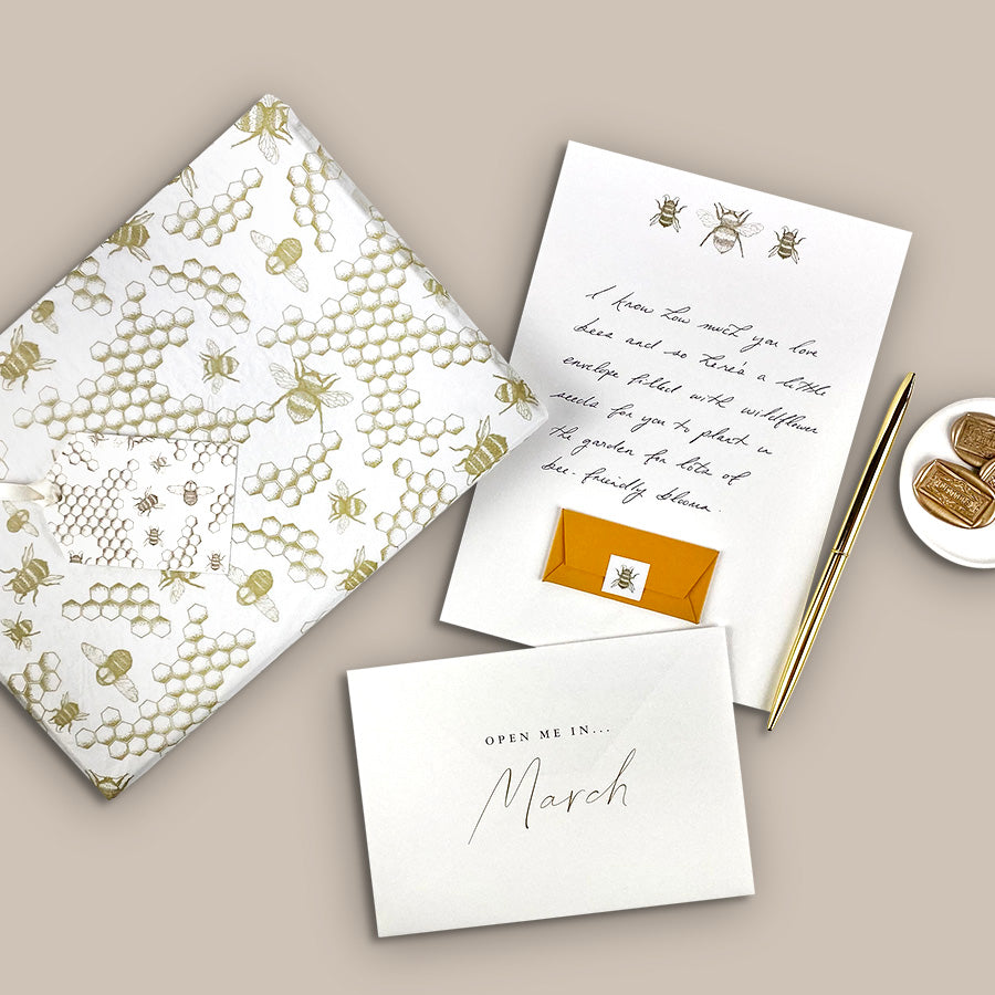 
                      
                        Year of letters box, a unique keepsake gift with luxury writing paper, envelopes, & gold foil stickers for you to write 12 letters.
                      
                    