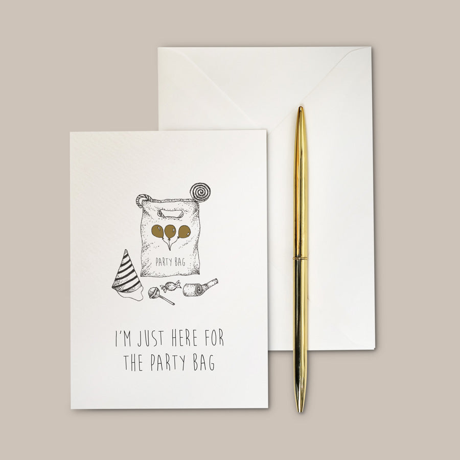 Nostalgic party bag greeting card with hand drawn illustration elements. Party Bag Greeting Card – a humorous cheeky card.